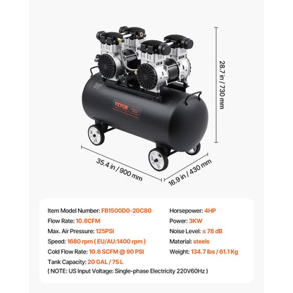 Luchtcompressor – Compressor – Pneumatische Compressor – Airpump – Compressor Machine – Zwarte Variant – Oli-vrije 3 kW Motor – 20 Gallon 90 PSI Reservoir