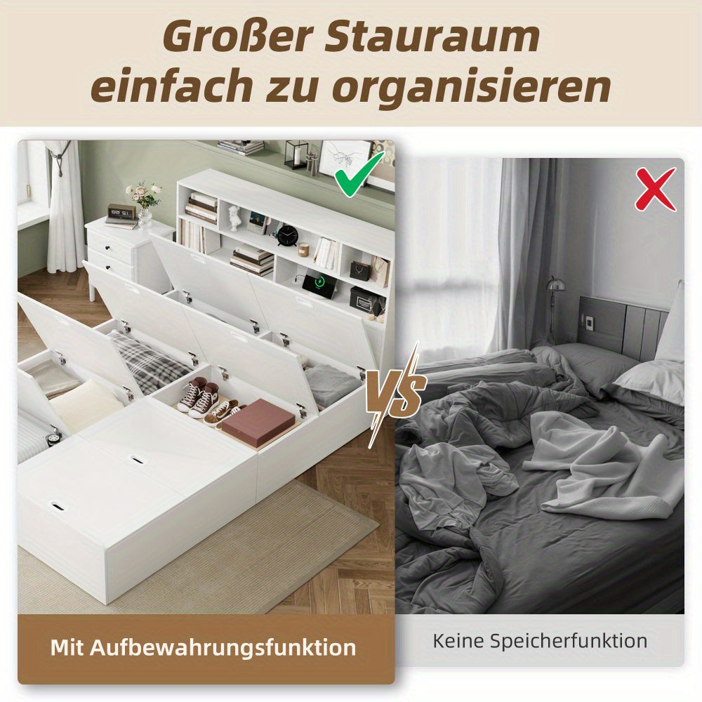 Opbergbed – Tweepersoonsbed – Bed met Opbergruimte – Massief Houten Bed – Functioneel Bed – Wit Design – 140x200 cm – Ruime Lade Onder Bed