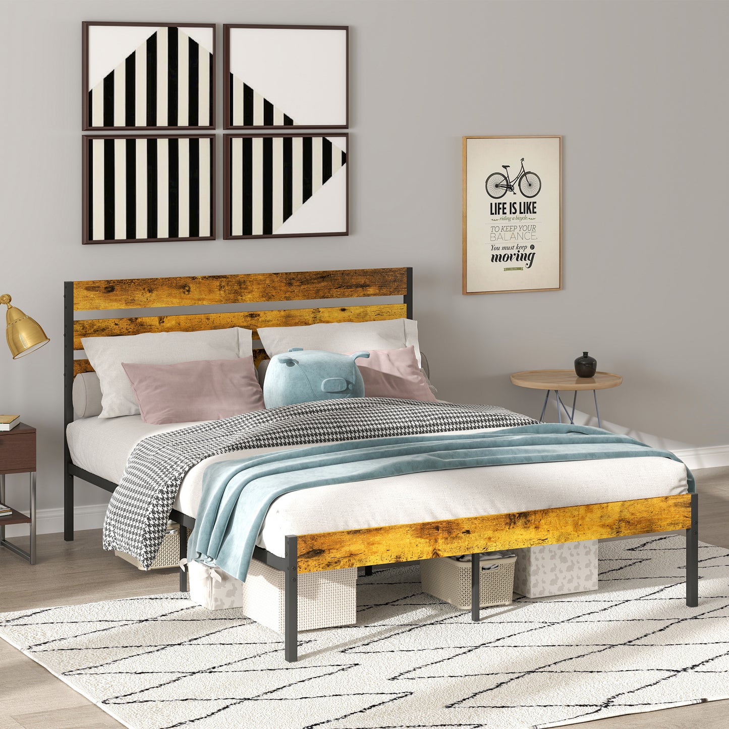 Tweepersoonsbed – Dubbelbed – Bedframe – Lattenbodem – Industrieel Bed – 160x200 cm – Onderbed Opbergruimte – Hout en Staal