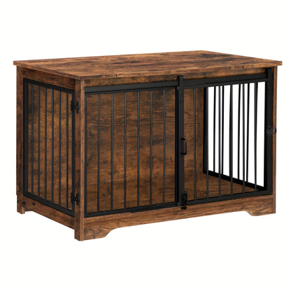 Houten Hondenbench – Hondenkooi – Hondenhok – Dierenbench – Huisdierbench – Met 2 Schuifdeuren – 4 Wieltjes – Compact 60x100x68 cm – Retro Bruin Design