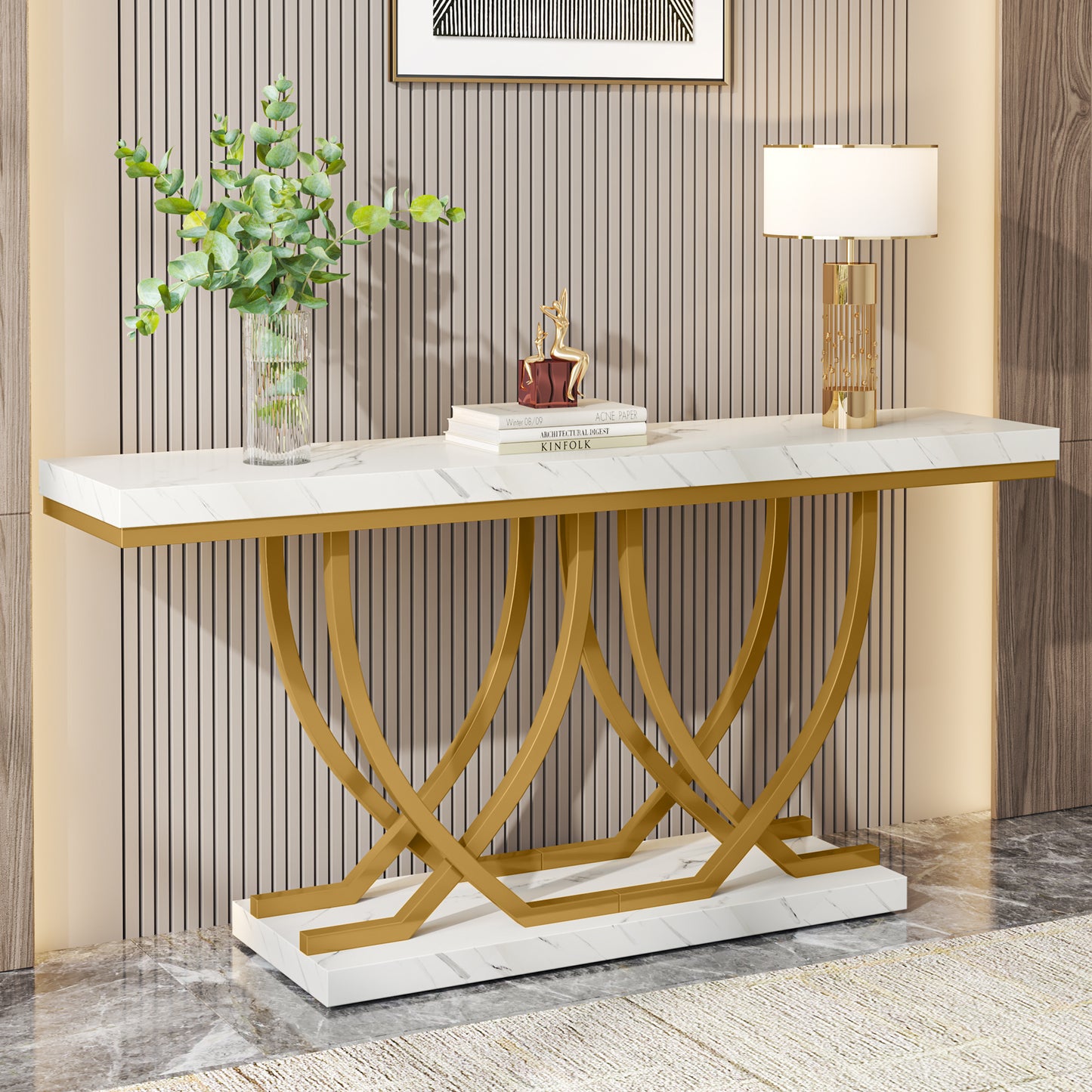 Console Tafel – Sidetable – Haltafel – Bijzettafel – Dressoir – Wit Kunstmarmer Blad – Gouden Metalen Poten – 150 cm Lang – Verstelbare Pootjes