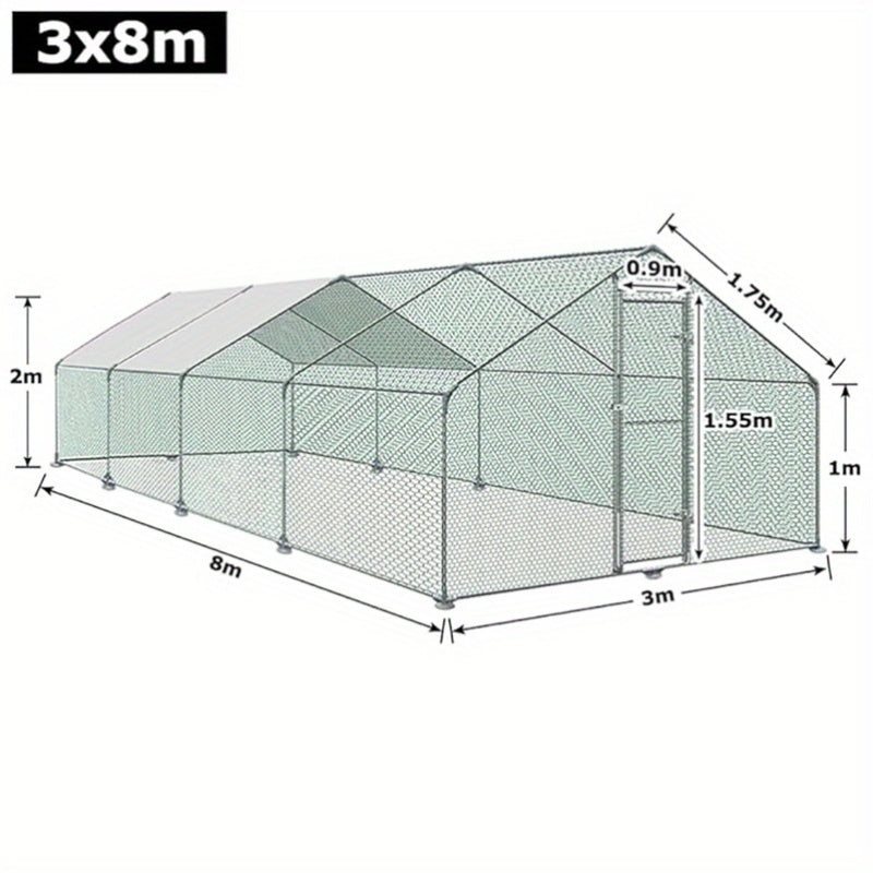Kippenren – Kippenhok – Buitenren – Pluimveebench – Dierenverblijf – 3x8x2 Meter – Verzinkt Stalen Frame – Inclusief Schaduwdoek & Deur Met Slot