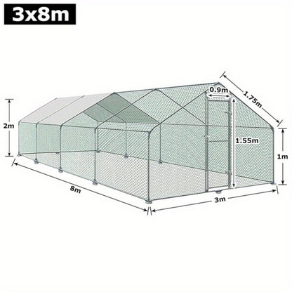 Kippenren – Kippenhok – Buitenren – Pluimveebench – Dierenverblijf – 3x8x2 Meter – Verzinkt Stalen Frame – Inclusief Schaduwdoek & Deur Met Slot