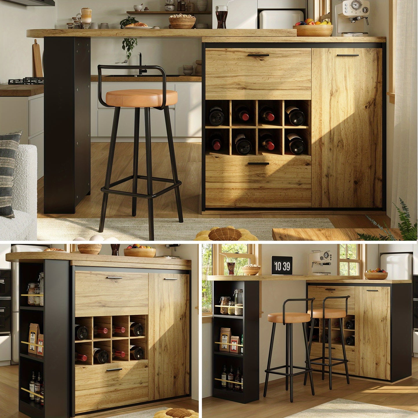 Eettafel – Keukentafel – Tafel – Uitschuifbare Tafel – Bar tafel – Verstelbaar tot 220 cm – Rattan met Opbergruimte en Wijnrek