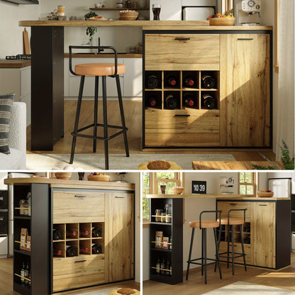 Eettafel – Keukentafel – Tafel – Uitschuifbare Tafel – Bar tafel – Verstelbaar tot 220 cm – Rattan met Opbergruimte en Wijnrek