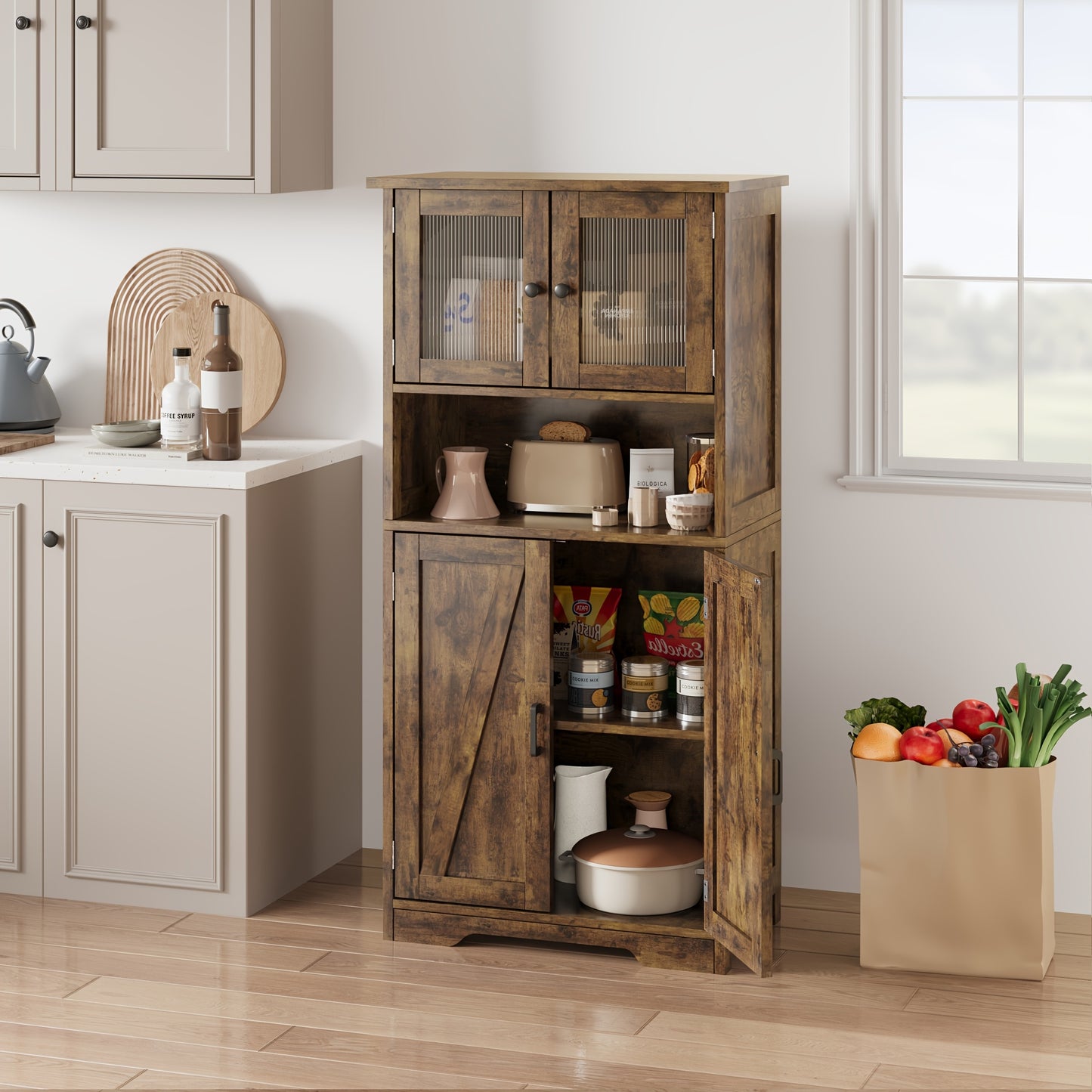 Kast – Opbergkast – Voorraadkast – Linnenkast – Vitrinekast – Vintage Stijl – Matglazen Deuren – 128x30x128 cm – MDF Bruin – Verstelbare Planken – Anti-Kantel Veiligheidsbeugel