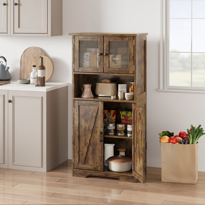 Kast – Opbergkast – Voorraadkast – Linnenkast – Vitrinekast – Vintage Stijl – Matglazen Deuren – 128x30x128 cm – MDF Bruin – Verstelbare Planken – Anti-Kantel Veiligheidsbeugel