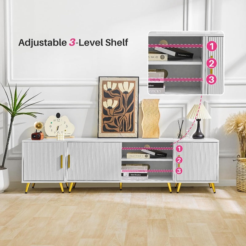 TV-Stand – TV-Meubel – Media Console – TV-Kast – Entertainmentmeubel – Wit Met Gouden Accenten – Geschikt Voor 80 Inch TV – Twee Afsluitbare Kasten