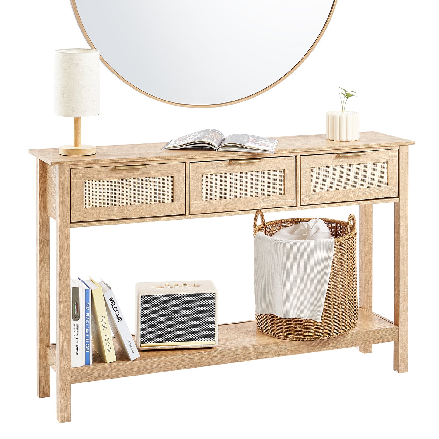 Rieten Sidetable – Rieten Tafel – Opbergtafel – Bijzettafel – Wandtafel – Natuurlijk Riet – 3 Lades – Eenvoudige Montage