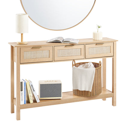 Rieten Sidetable – Rieten Tafel – Opbergtafel – Bijzettafel – Wandtafel – Natuurlijk Riet – 3 Lades – Eenvoudige Montage