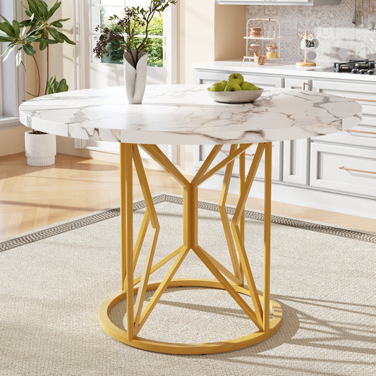 Round Dining Table (100×100×76cm), Kitchen & Coffee table for 4-6 People, Suitable as Living Room or Eating Area Furniture with Geometric Metal Legs and Golden Marble MDF Top, Table for Dining Room, Round Kitchen Table, Rec