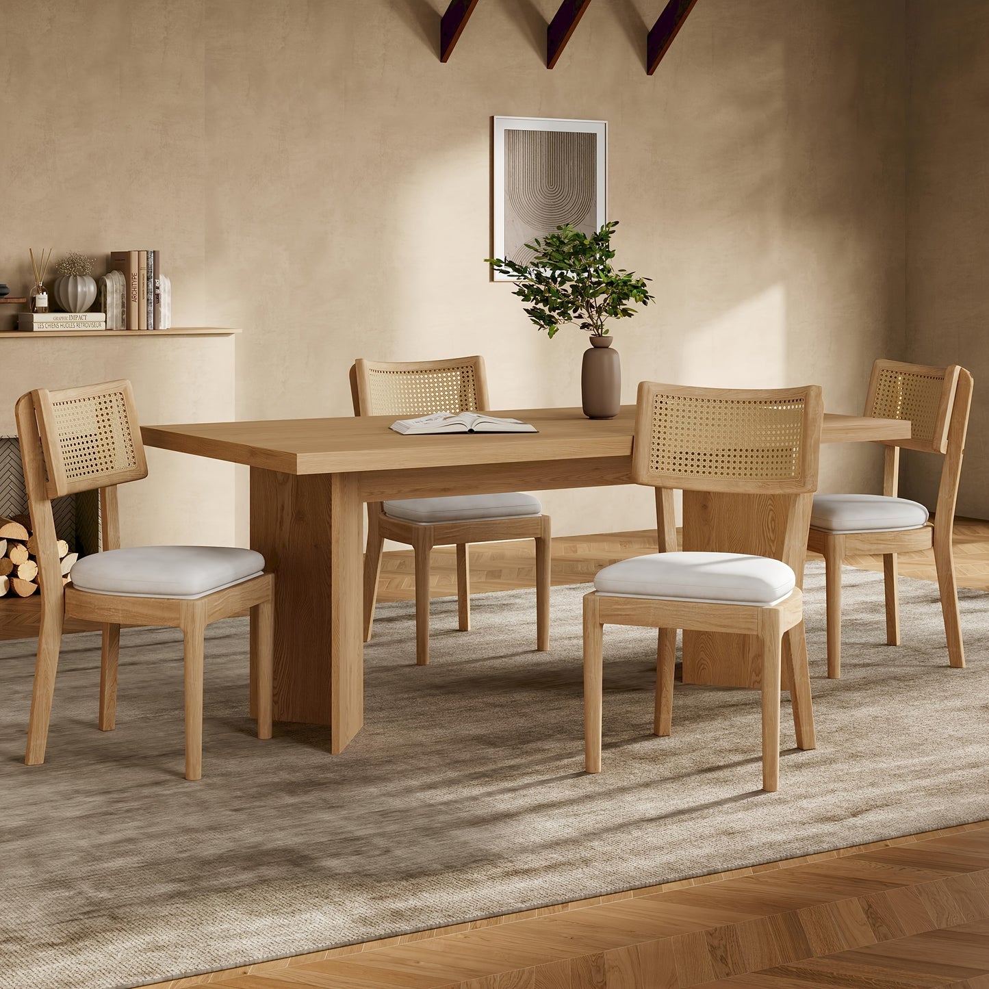 Eetkamerstoelen – Stoelen – Zitstoelen – Rattan Stoelen – Linnen Stoelen – Set van 2 – Gevlochten Rattan Rugleuning – Ademend en Comfortabel – Champagne Kleur