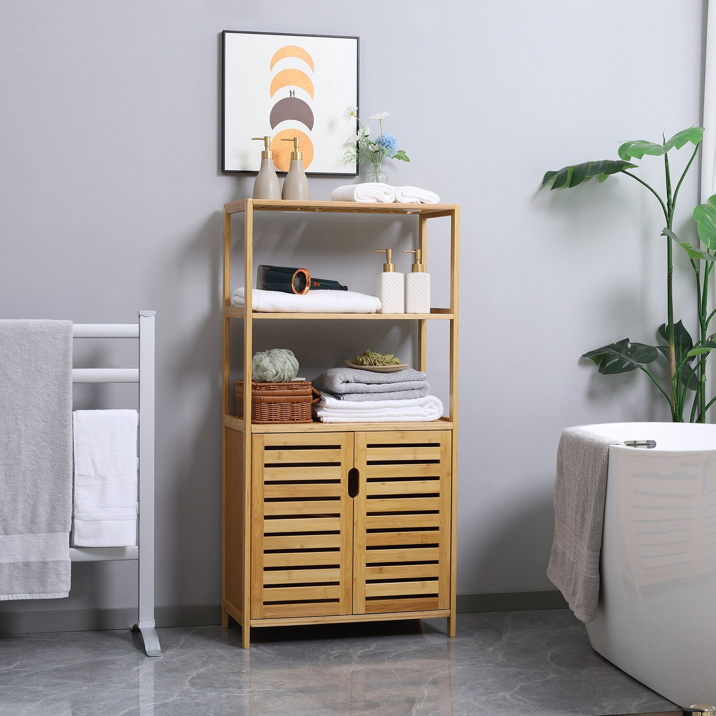 Badkamerkast – Badkamermeubel – Opbergkast – Kolomkast – Bamboehouten Kast – Ventilerende Lamellendeuren – 60x30x120 cm