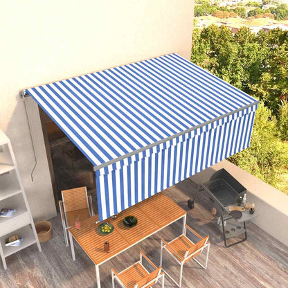 Uitschuifbare Zonwering – Terrasoverkapping – Schaduwdoek – Zonnescherm – Buitenluifel – Blauw-Wit Gestreept – Aluminium Frame – 4,5x3 Meter – UV- en Waterbestendig