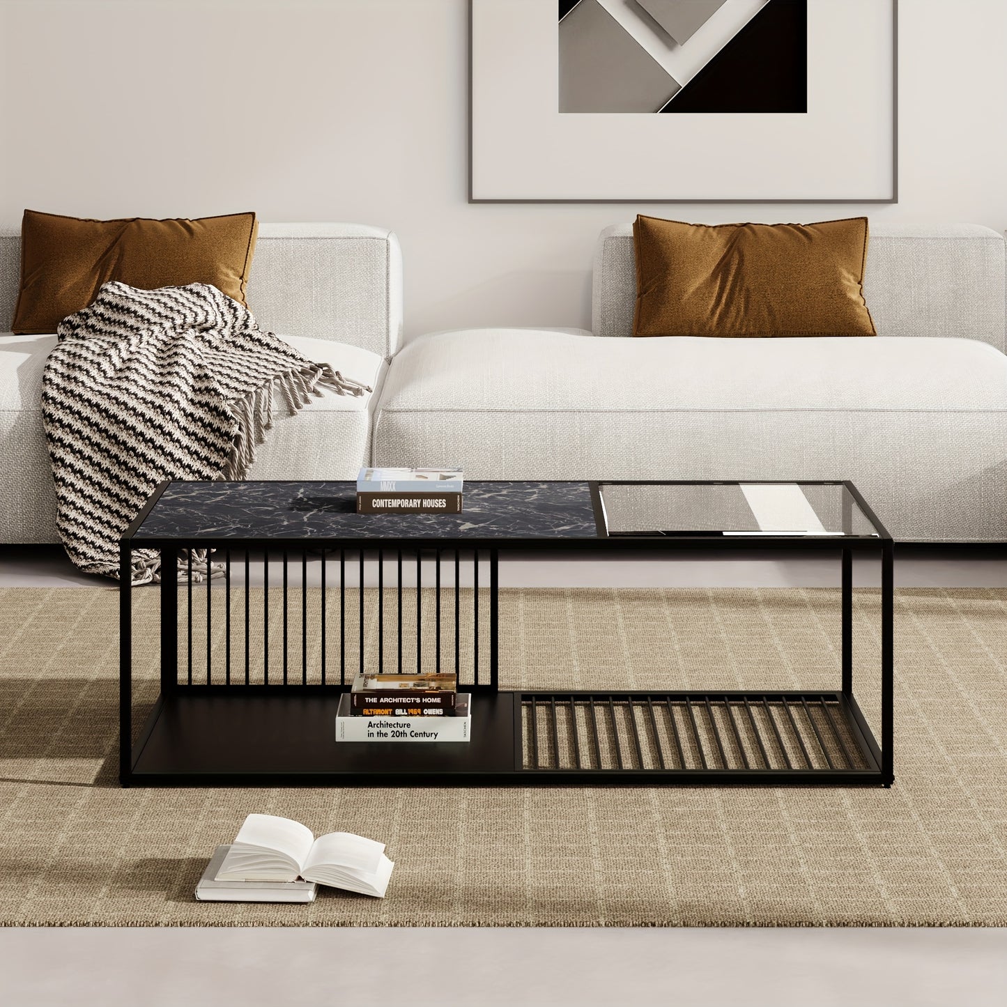 Coffee table, side table, wrought iron coffee table with glass, large storage space, decorative wire design on the sides and bottom adds modernity and artistic touch, 110*48*35cm