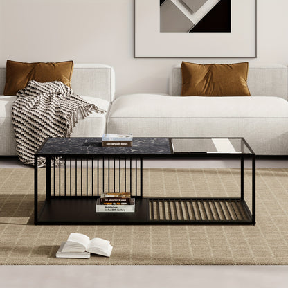 Coffee table, side table, wrought iron coffee table with glass, large storage space, decorative wire design on the sides and bottom adds modernity and artistic touch, 110*48*35cm