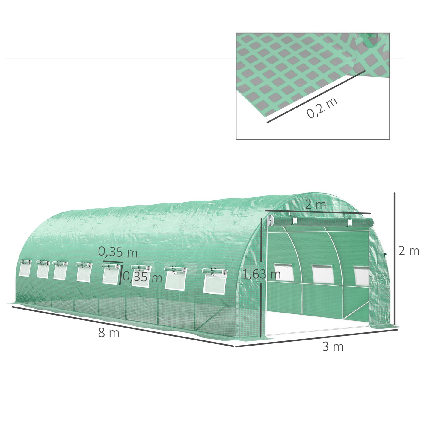 Tuinkas – Tuinserre – Kas – Groentetunnel – Tuinkas Tunnel Groen – 24 m² – 16 Ramen Met Muskietennet – Gegalvaniseerd Stalen Frame – PE Zeildoek Met UV-Bescherming