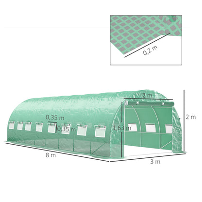Tuinkas – Tuinserre – Kas – Groentetunnel – Tuinkas Tunnel Groen – 24 m² – 16 Ramen Met Muskietennet – Gegalvaniseerd Stalen Frame – PE Zeildoek Met UV-Bescherming