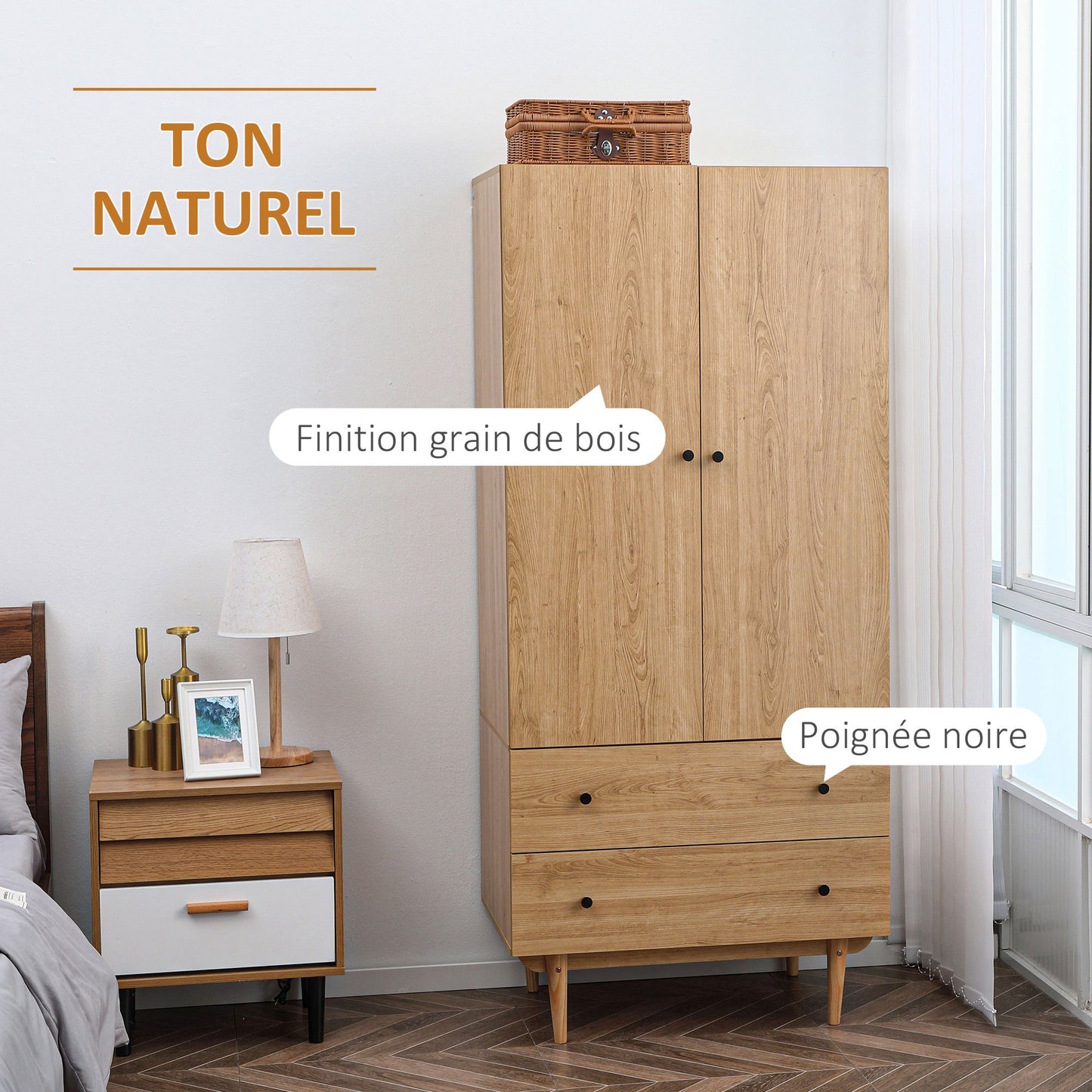 Kledingkast – Garderobekast – Opbergkast – Linnenkast – Kast met Laden – 2-Deurs Met Hangrail – Ruime Opbergruimte – Houten Look – 80x52x180 cm
