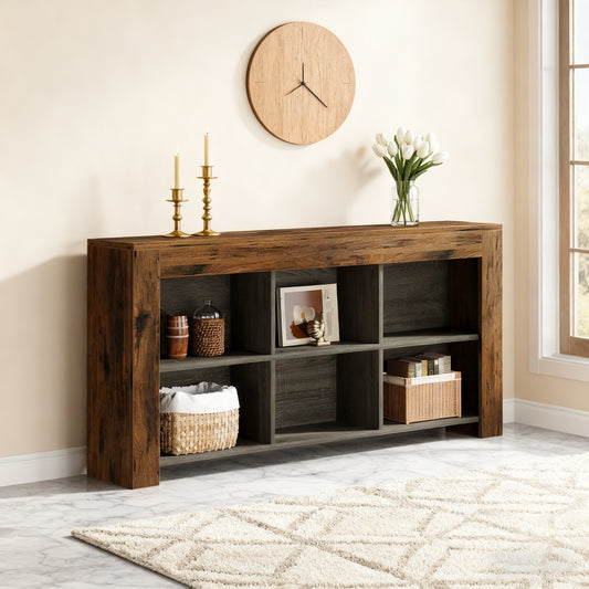 Console tafel – sidetable – haltafel – dressoir – opbergkast – Bruin en zwart – 160 cm lang – 6 open opbergvakken – massief hardhout en geperst hout – smal ontwerp