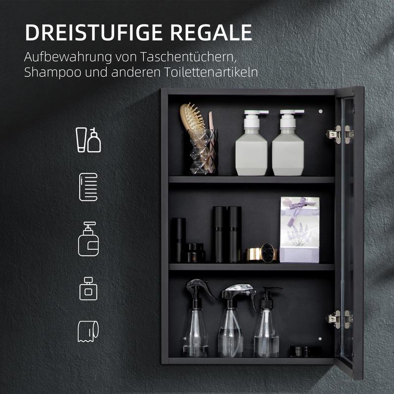 Mirror Cabinet, Bathroom Cabinet, 3 Shelves, Stainless Steel, 40X12X60Cm, Black, Bathroom Storage Cabinet with Shelves And Doors, Multifunctional Storage Unit.