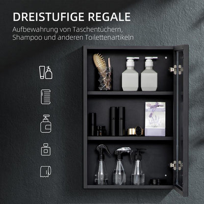 Mirror Cabinet, Bathroom Cabinet, 3 Shelves, Stainless Steel, 40X12X60Cm, Black, Bathroom Storage Cabinet with Shelves And Doors, Multifunctional Storage Unit.
