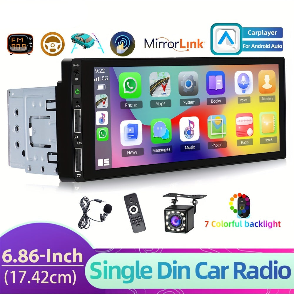 Carplayer – Autoradio – Multimedia Speler – Auto Multimedia – 1DIN Car Stereo – 6,86 Inch Scherm – Achteruitrijcamera Ondersteuning