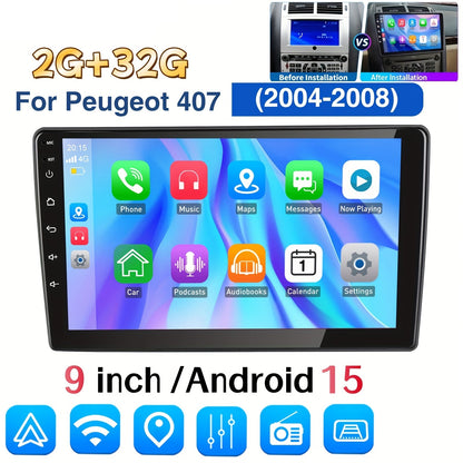 9 Inch Android Autoradio – 2 DIN Auto Stereo – Multimedia Speler – Touchscreen Navigatie – Peugeot 407 2004-2008 – Android 15 Systeem – Wifi & Android Auto – HD IPS Scherm