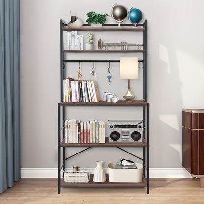 5-Lagen Keukenorganizer – Rustiek Zwart Walnoot – Industrieel Baker’s Rack met Opslag, Magnetronstandaard en Haakjes voor Kruiden en Keukengerei