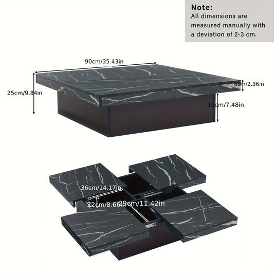 Salontafel – Koffietafel – Bijzettafel – Woonkamertafel – Tafel – Zwart – Marmerlook – Vier Lades – Schuifbaar Tafelblad – Max Belastbaar 30 kg