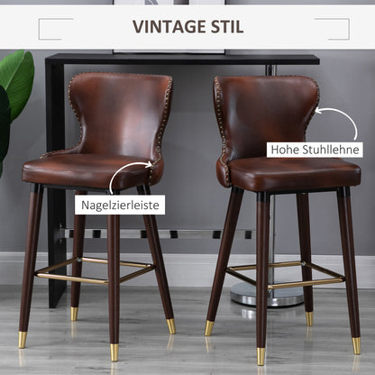 Barstoel – Barkruk – Barstoelen – Keukenstoel – Counterstoel – Set Van 2 – PU Bruin – Met Rugleuning En Voetensteun – Metalen Poten Met Gouden Afwerking – Compact Ontwerp 52x53x101 cm