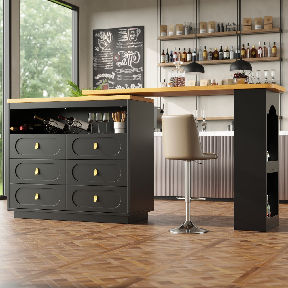 Extendable Bar Table with 360° Rotating Base & Storage Shelf - Heavy-Duty Metal Modern Black Adjustable Length 138-203cm (55"-80") - Space-Saving Expandable Kitchen Island, Home Office Desk, Dining Table for Small Spaces - E