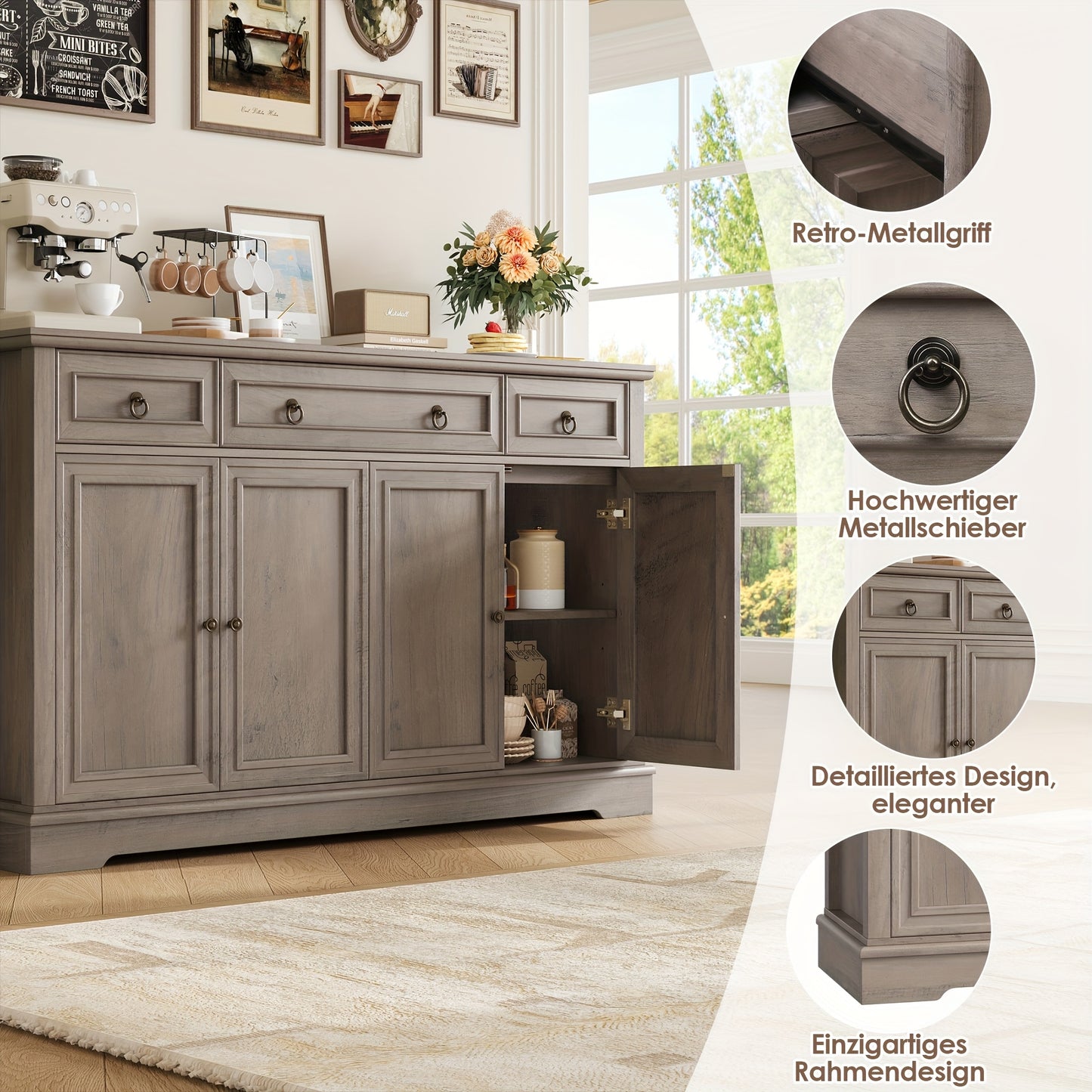 Ladekast – Kast – Dressoir – Opbergkast – Sideboard – Eikenhout – Verstelbare Planken – 2-Deurs 4-Laden Design