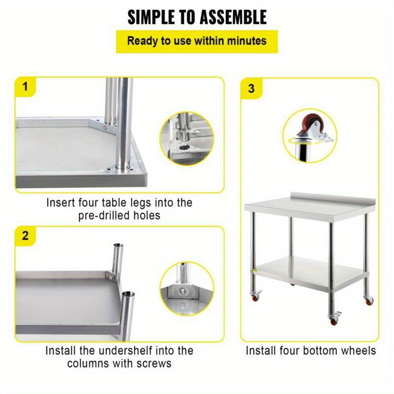 RVS Werkbank – Roestvrijstalen Werktafel – Keukenwerkbank – Professionele Werkbank – Mobiele Werkbank – 199,58 kg Draagvermogen – Verstelbare Onderplank & Backsplash