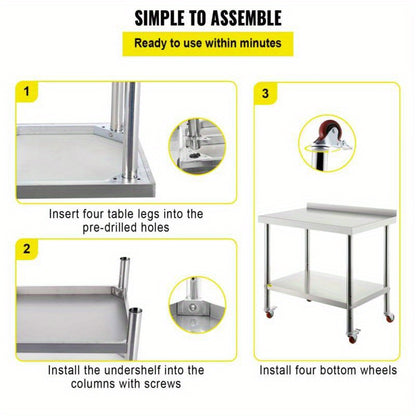 RVS Werkbank – Roestvrijstalen Werktafel – Keukenwerkbank – Professionele Werkbank – Mobiele Werkbank – 199,58 kg Draagvermogen – Verstelbare Onderplank & Backsplash