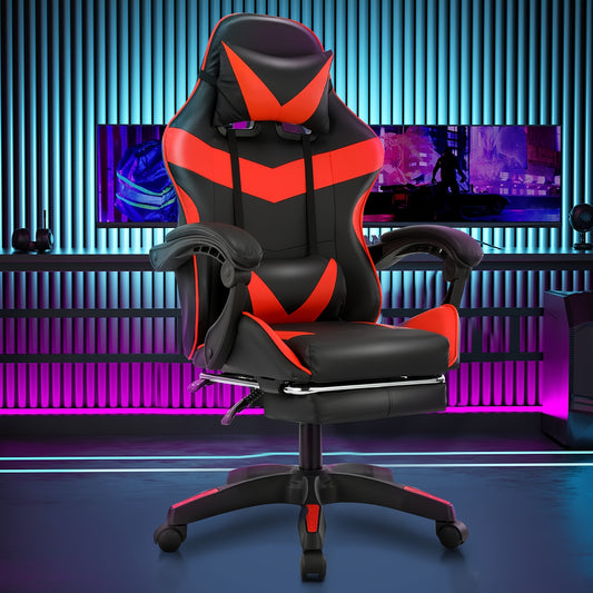 Gamingstoel – Gamestoel – Gaming Chair – Game Stoel – Bureaustoel – Ergonomisch Ontwerp – Verstelbare Rugleuning & Voetensteun – Max 150 kg – Kunstleer Zwart/Rood