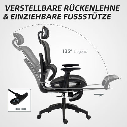 Bureaustoel – Ergonomische Stoel – Office Chair – Draaistoel – Kantoorstoel – Verstelbare Hoofdsteun & Armleuningen – Mesh Bekleding Met Voetensteun