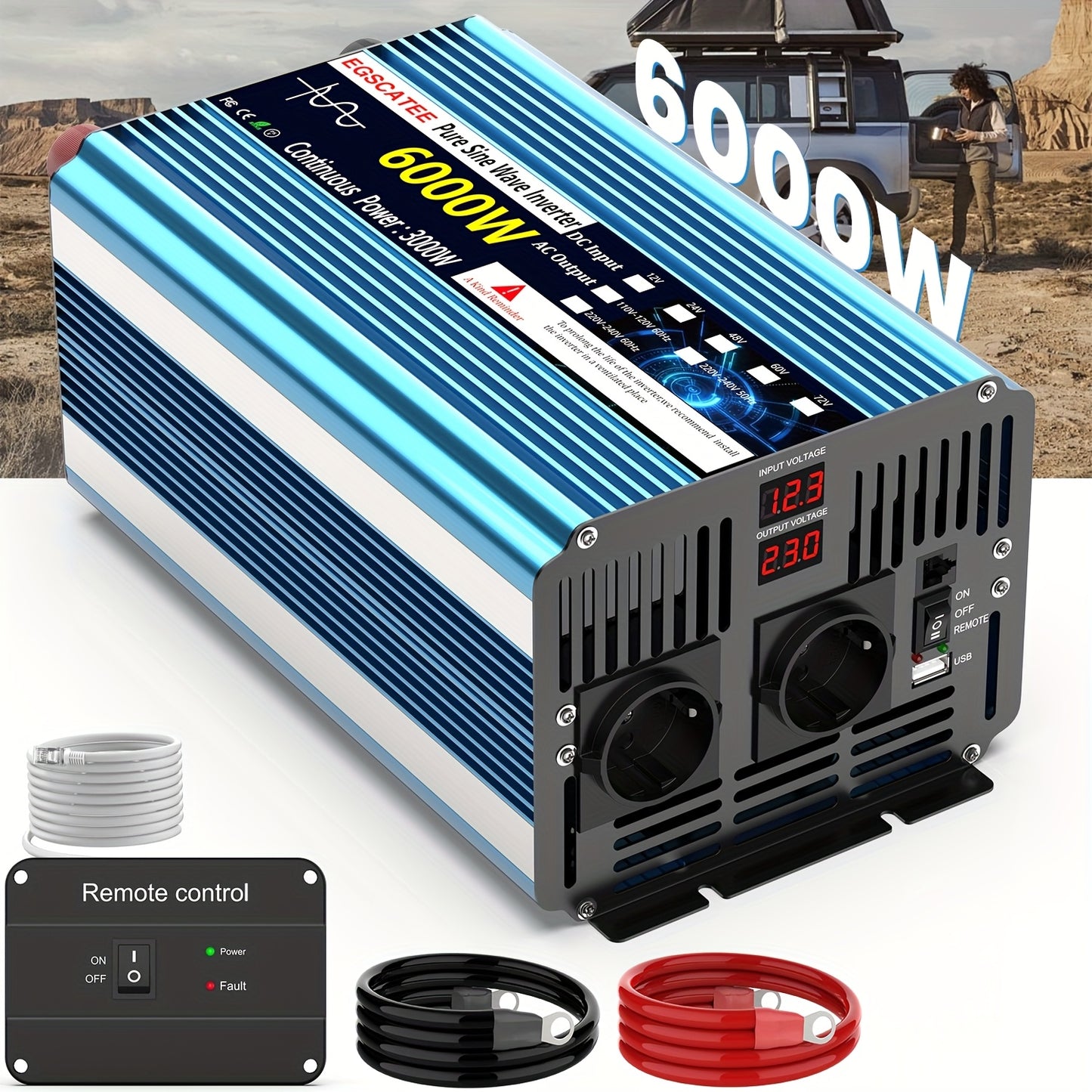 3000W Pure Sinus Omvormer – Stroomomvormer – Spanning Converter – DC Naar AC Omzetter – Camping Accu Omvormer – 6000W Piekvermogen – LCD Display & Afstandsbediening – Blauw