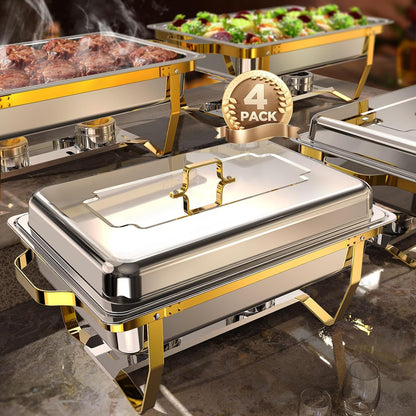 Chafing Dish – Buffetwarmer – Warmhoudplaat – Warmhoudschaal – Warmhoudbakken – RVS Goudkleurig – 4-delig – 9 Liter per Pan – Veilig Afgeronde Randen