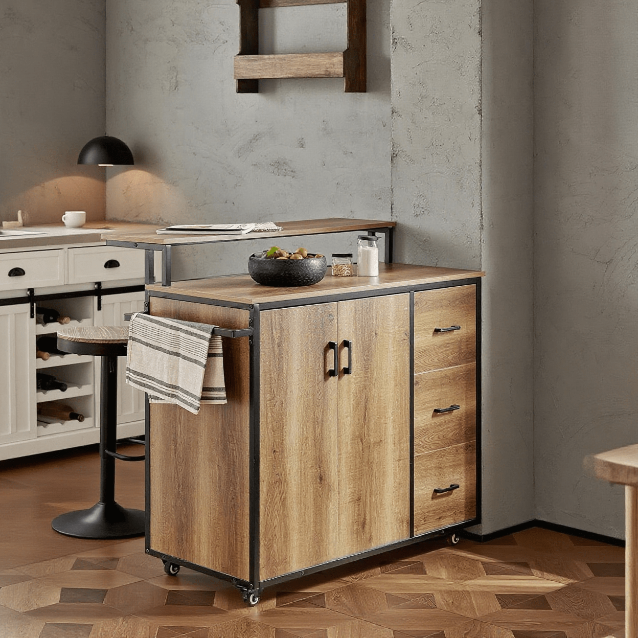 Keukenkast – Keukeneiland – Buffetkast – Opbergkast – Keukenmeubel – Hout – Met 3 Laden & 2 Deuren – Met Wielen & Handdoekhouder – 113x69x106 cm