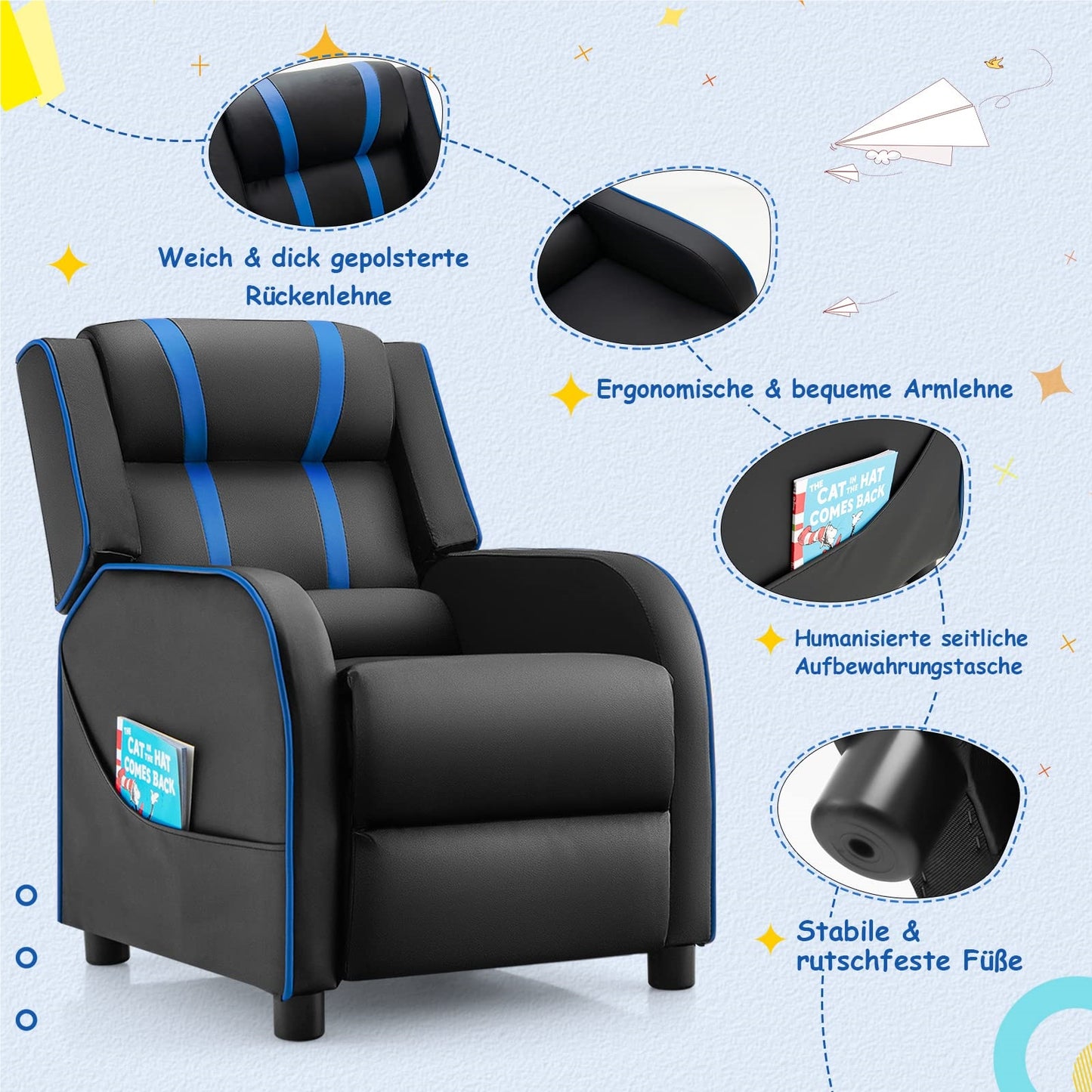 Kinderfauteuil – Kinderstoel – Kinderbank – Kinderzitje – Kindermeubel – Verstelbare Rugleuning en Voetsteun – Kunstleer Blauw 69x53x74 cm