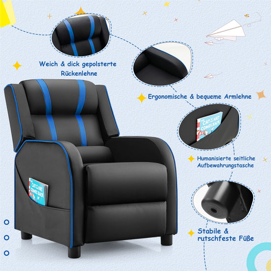 Kinderfauteuil – Kinderstoel – Kinderbank – Kinderzitje – Kindermeubel – Verstelbare Rugleuning en Voetsteun – Kunstleer Blauw 69x53x74 cm