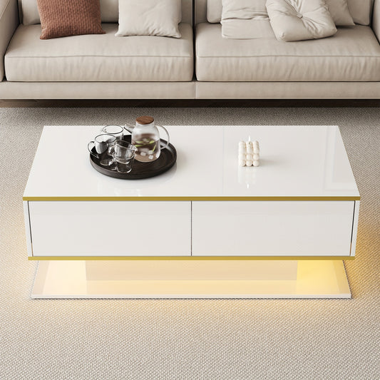 Salontafel – Woonkamertafel – Bijzettafel – Koffietafel – Tafeltje – Hoogglans Wit – Gouden Accenten – 3 Lades Met Open Vakken