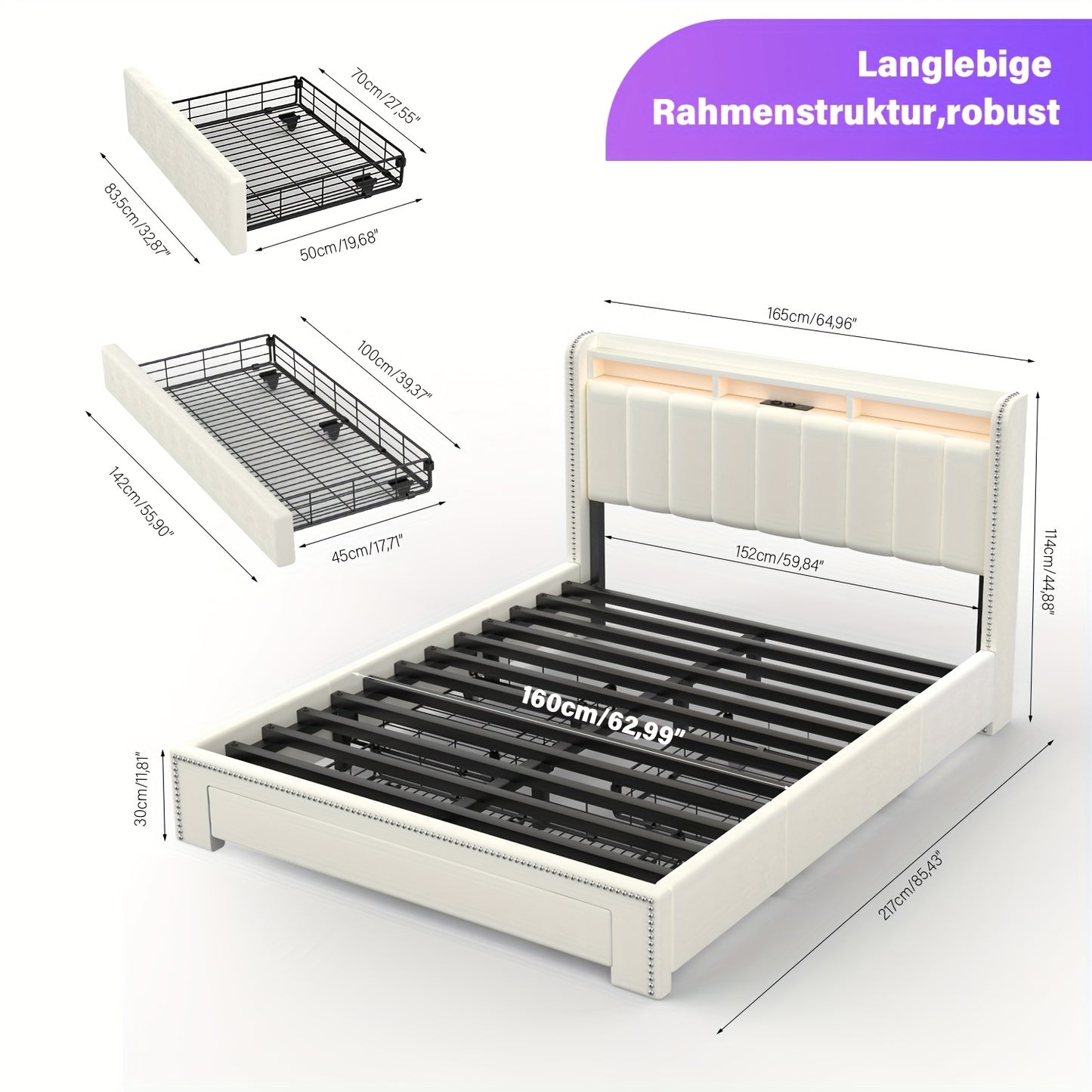 Upholstered Bed Frame with 3-Drawer Storage & Storage Headboard with LED Lighting & USB-Powered Charging Station - Modern Platform Bed with USB Ports, Sturdy Metal Frame, Easy Assembly, / Contemporary Design, 140x200cm (53"x7