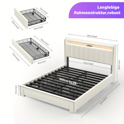 Upholstered Bed Frame with 3-Drawer Storage & Storage Headboard with LED Lighting & USB-Powered Charging Station - Modern Platform Bed with USB Ports, Sturdy Metal Frame, Easy Assembly, / Contemporary Design, 140x200cm (53"x7