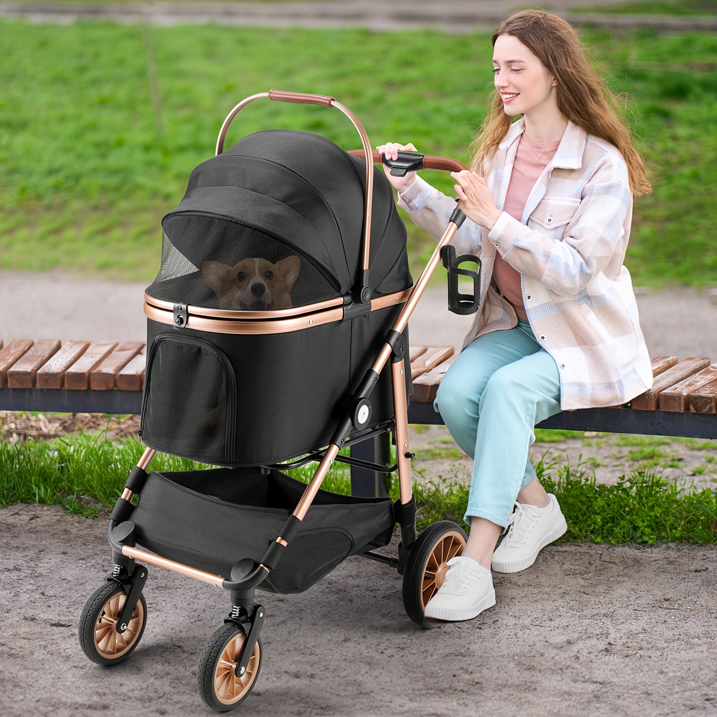 Dierenwagen – Huisdier Stroller – Kattenwagen – Hondenwagen – Draagmand – 25 kg Capaciteit – 4 Schokabsorberende Wielen – Champagne Golden Black