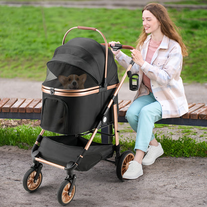 Dierenwagen – Huisdier Stroller – Kattenwagen – Hondenwagen – Draagmand – 25 kg Capaciteit – 4 Schokabsorberende Wielen – Champagne Golden Black
