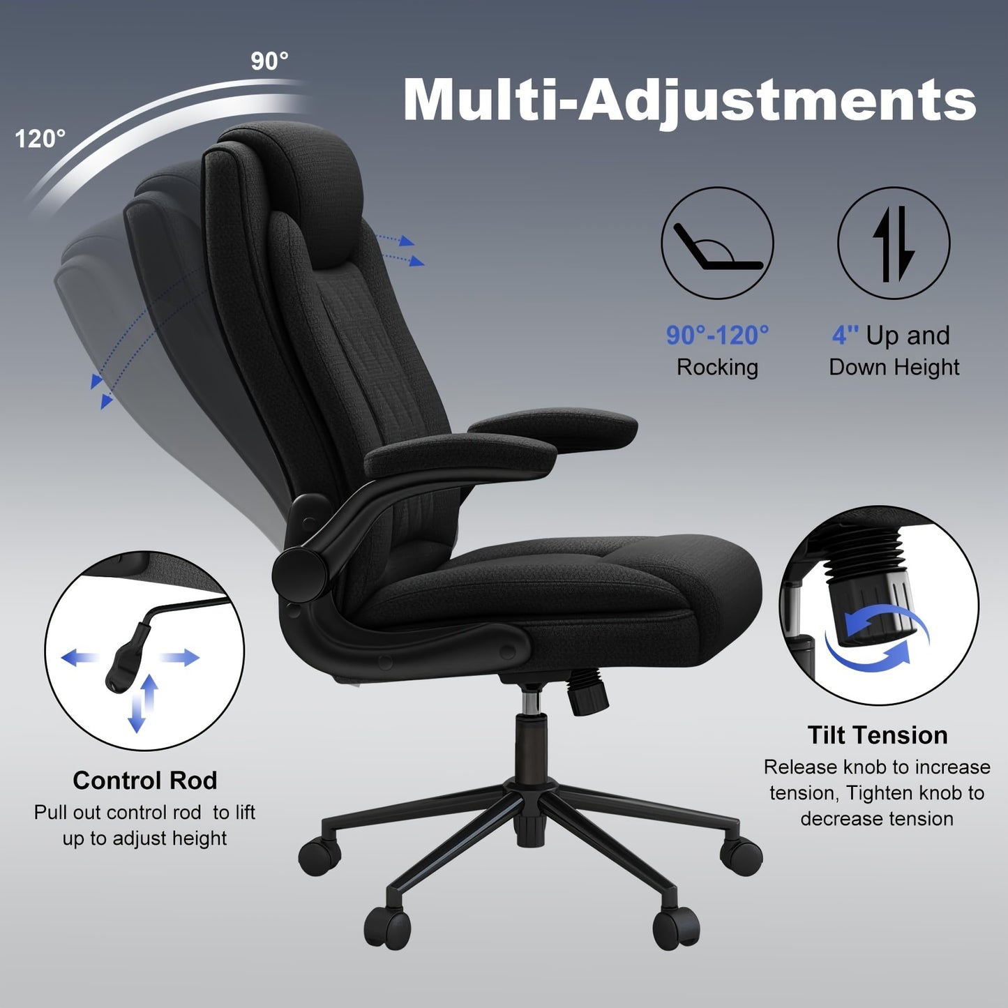 Bureaustoel – Ergonomische Stoel – Office Chair – Draaistoel – Bureaustoelen – Extra Stevig Tot 500 kg – 120° Kantelfunctie Met Opklapbare Armleuningen – Donkergrijs