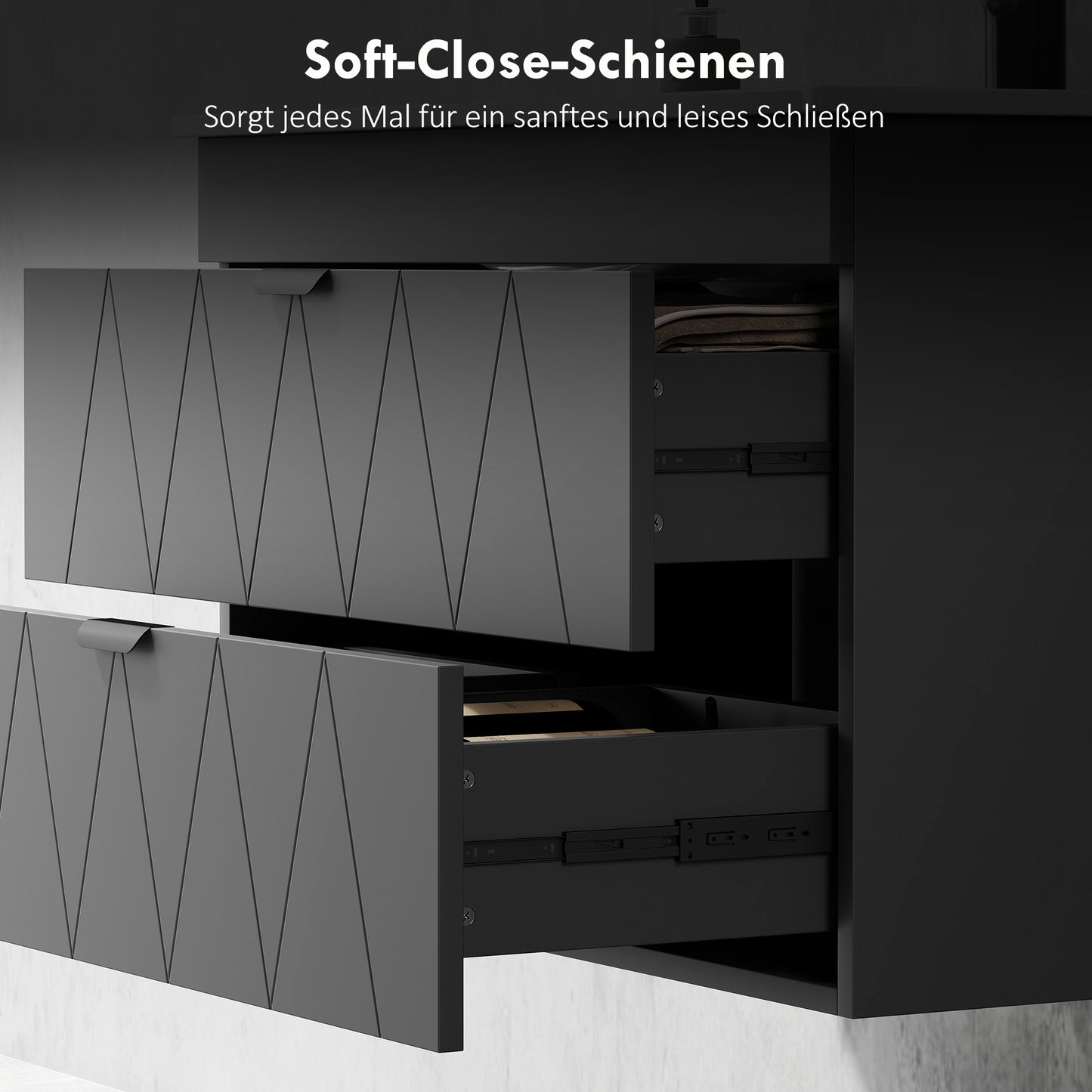 Badkamerkast Wandmeubel – Wastafelmeubel – Badkamermeubel – Opbergkast – Met Keramische Waskom – Zwart Mat – Soft-Close Lades – Ruimtebesparend Design – 76x46x50 cm
