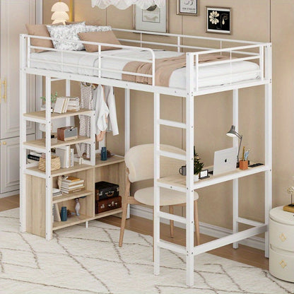 Hoogslaper – Kinderhoogslaper – Stapelbed – Eenpersoonsbed – Bedhuisje – Met Bureau – Stevig Metalen Frame – 90x200 cm – Wit